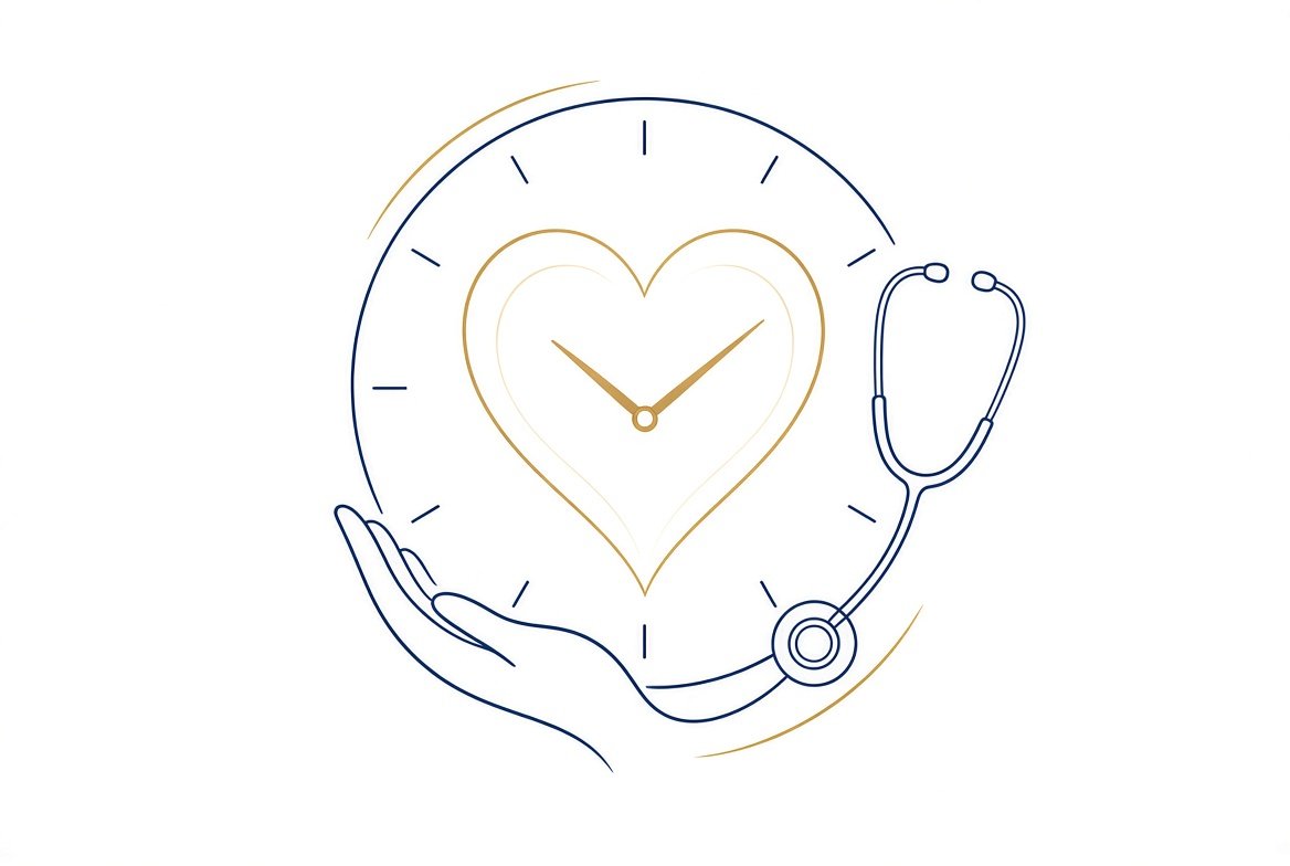 An open hand beneath a clock and a heart, beside a stethoscope