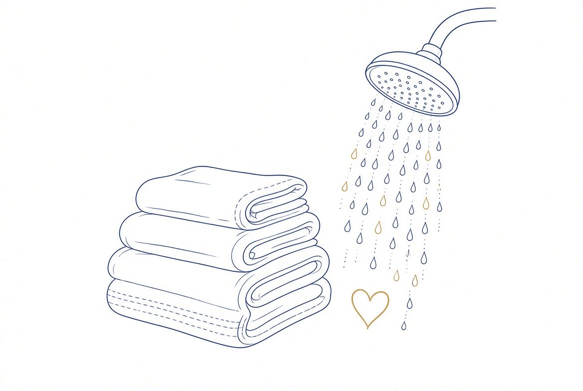 Folded towels beside a shower