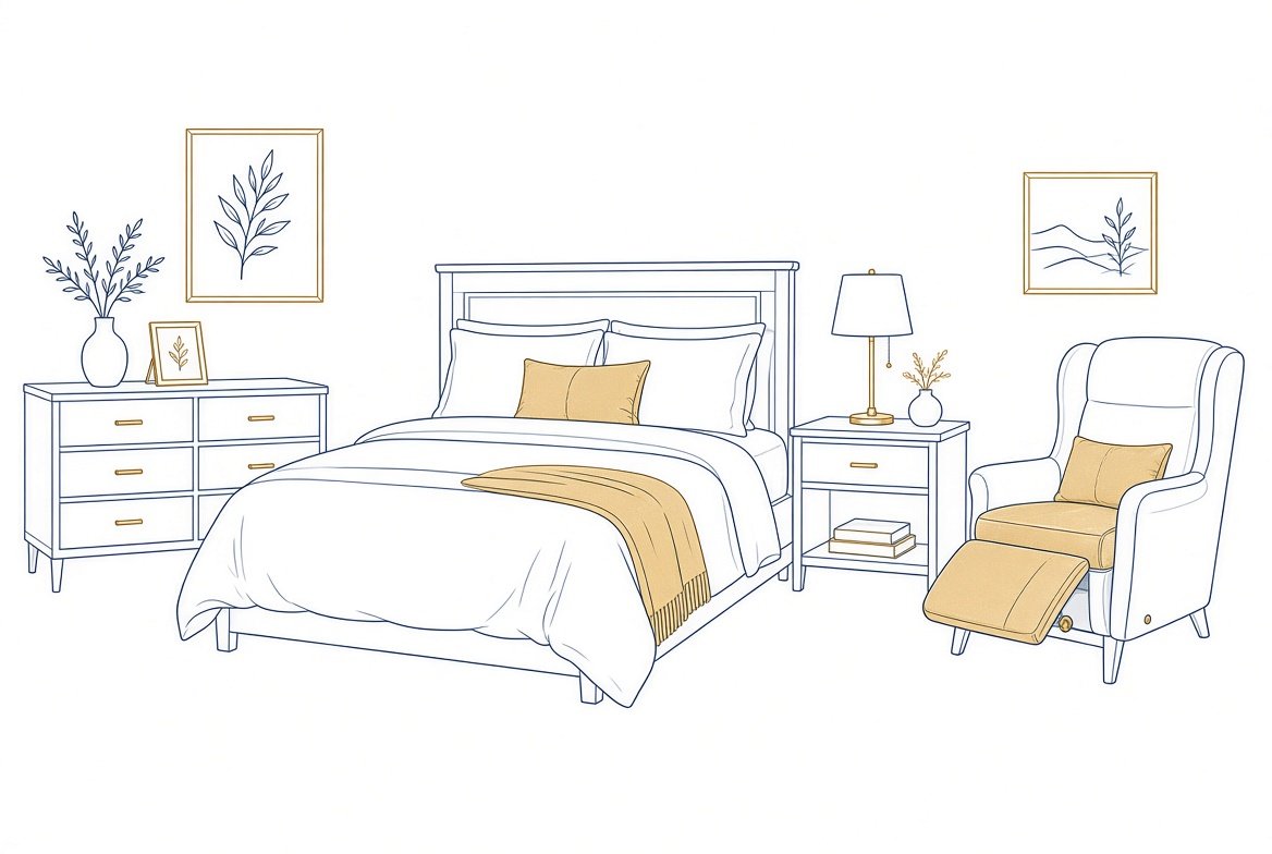A furnished bedroom with a bed, dresser, nightstand, and chair